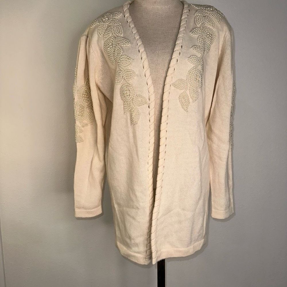 Cervelle Womens‎ Vintage Lambswool & Angora Pearl Embellished Sweater Cardigan